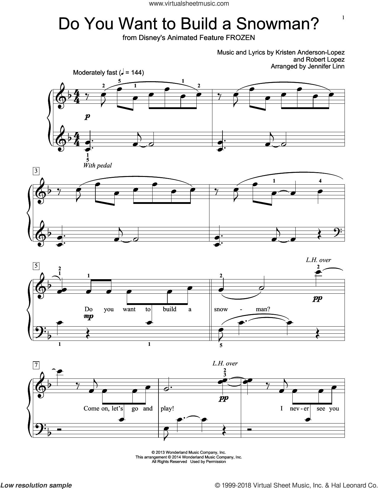 Do You Want To Build A Snowman from Frozen arr Jennifer Linn Sheet Music beginner For Piano Solo elementary 