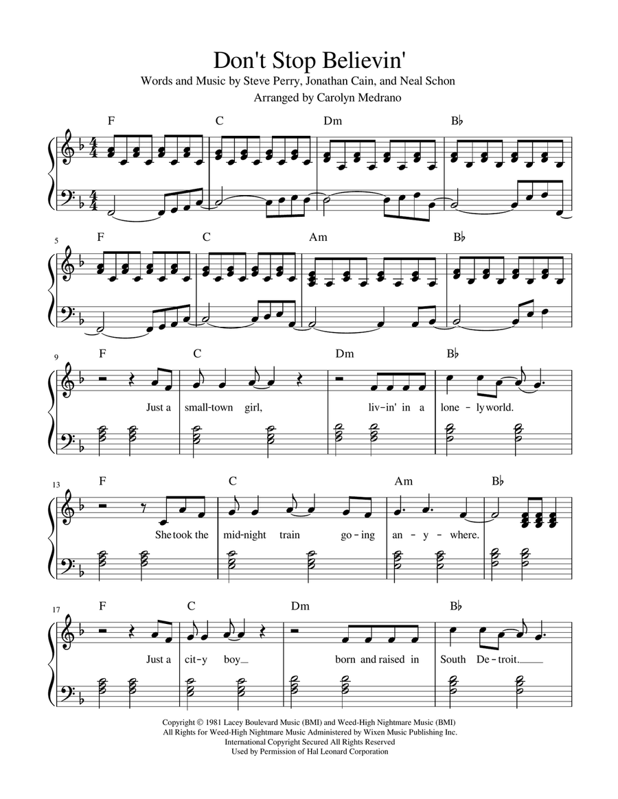 journey don't stop believin piano sheet music journey don't stop believin piano sheet music
