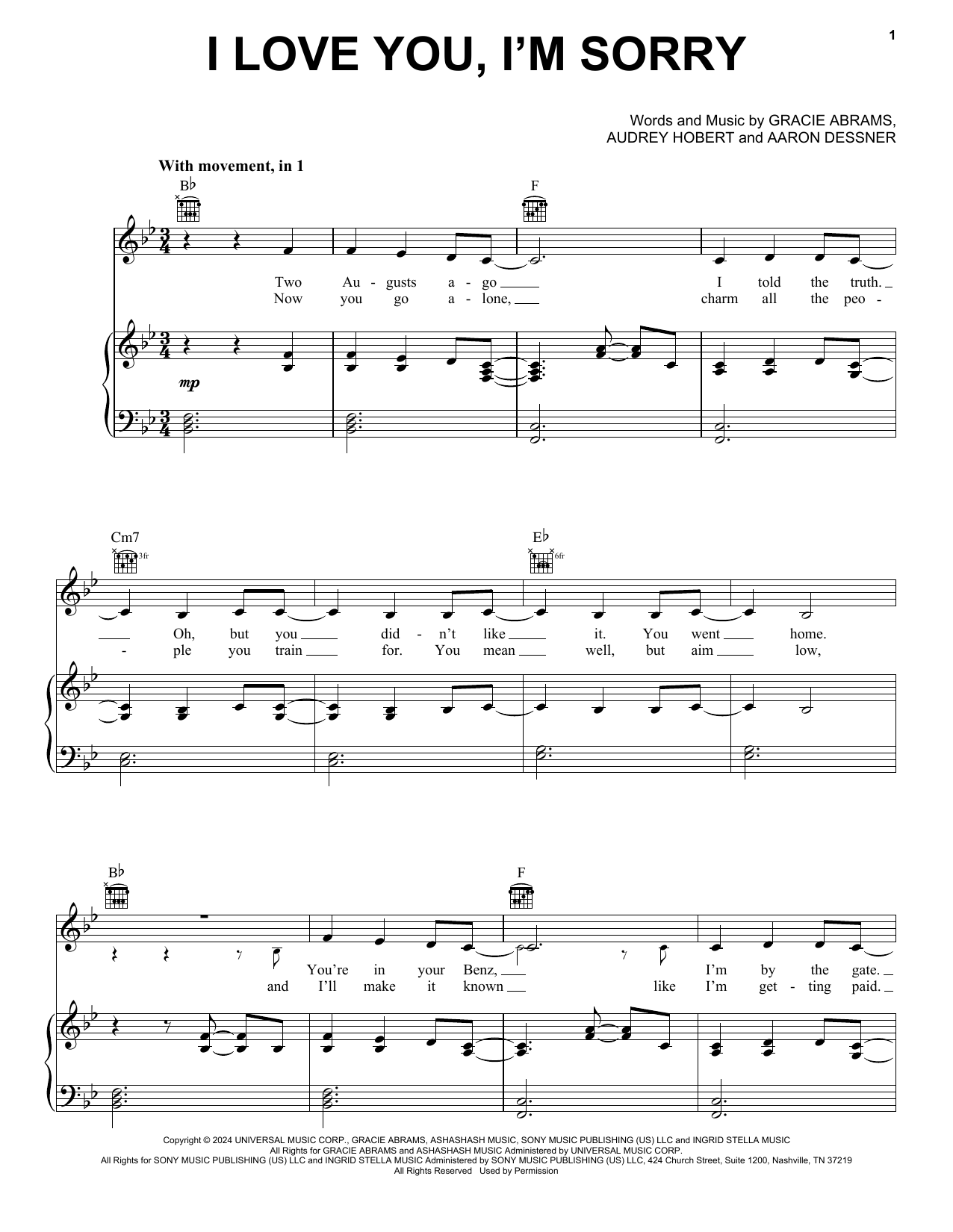 Download I Love You I m Sorry Gracie Abrams Piano Vocal Guitar Sheet Music PDF 1628973