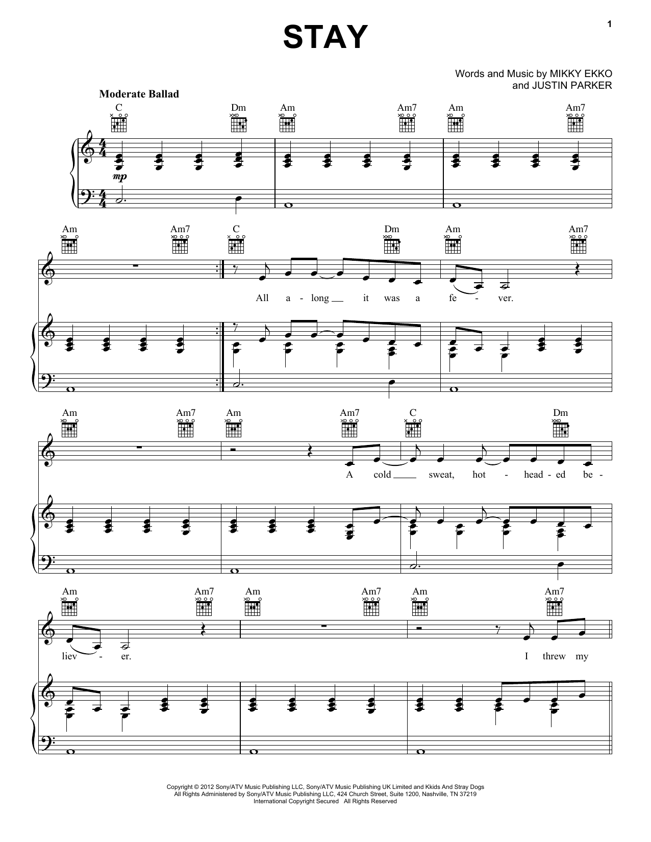 piano sheet music for rihanna stay