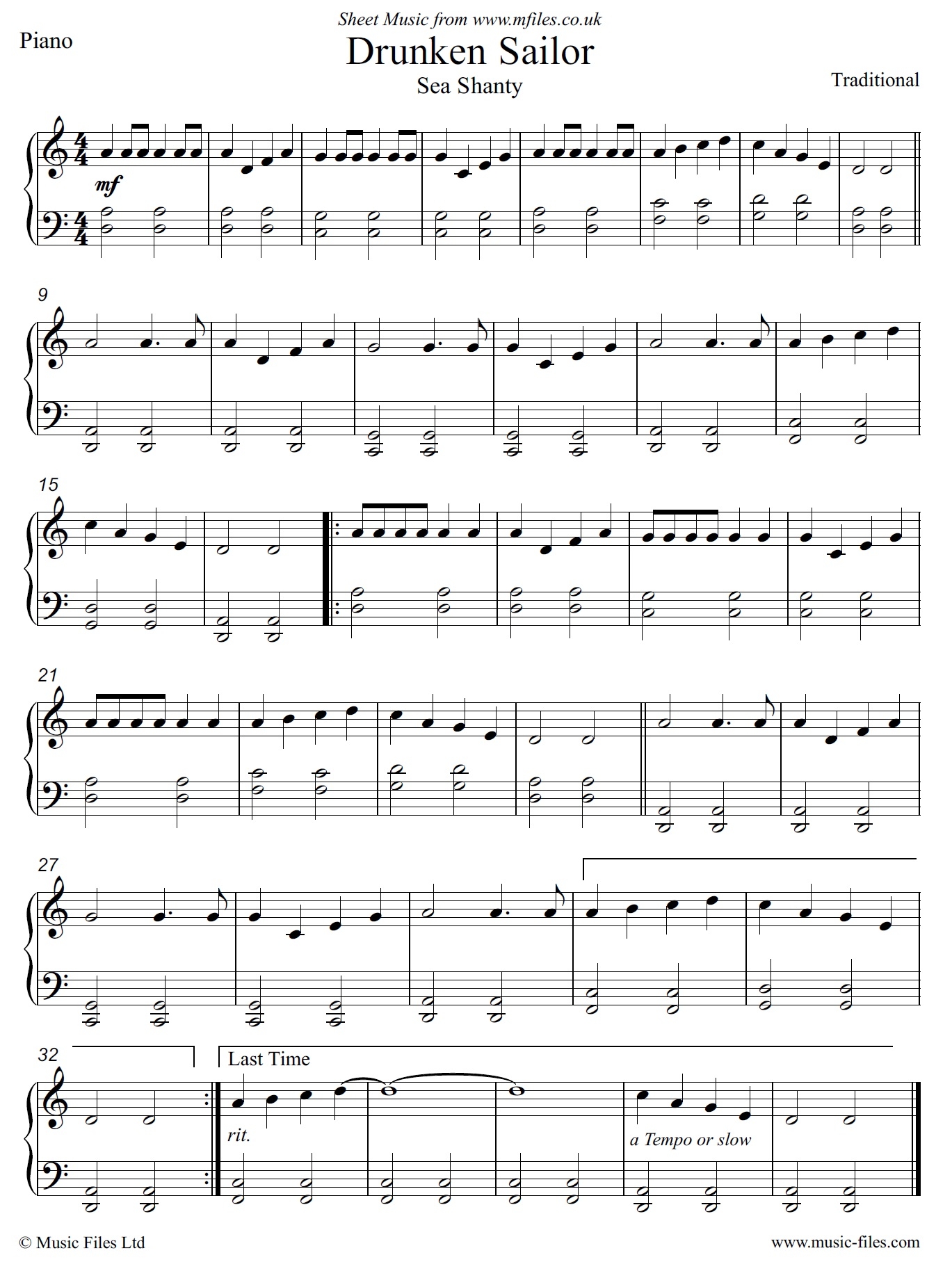 Drunken Sailor A Traditional Sea Shanty For Piano And Other Instruments Sheet Music Audio Files