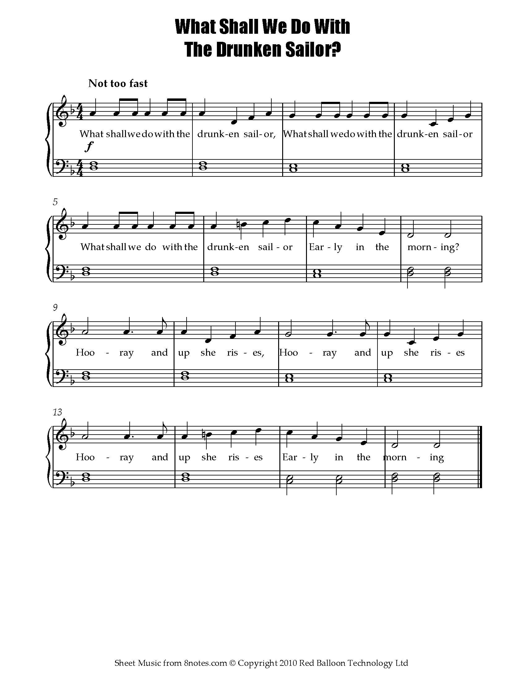 Drunken Sailor For Piano Free Sheet Music For Piano 8notes