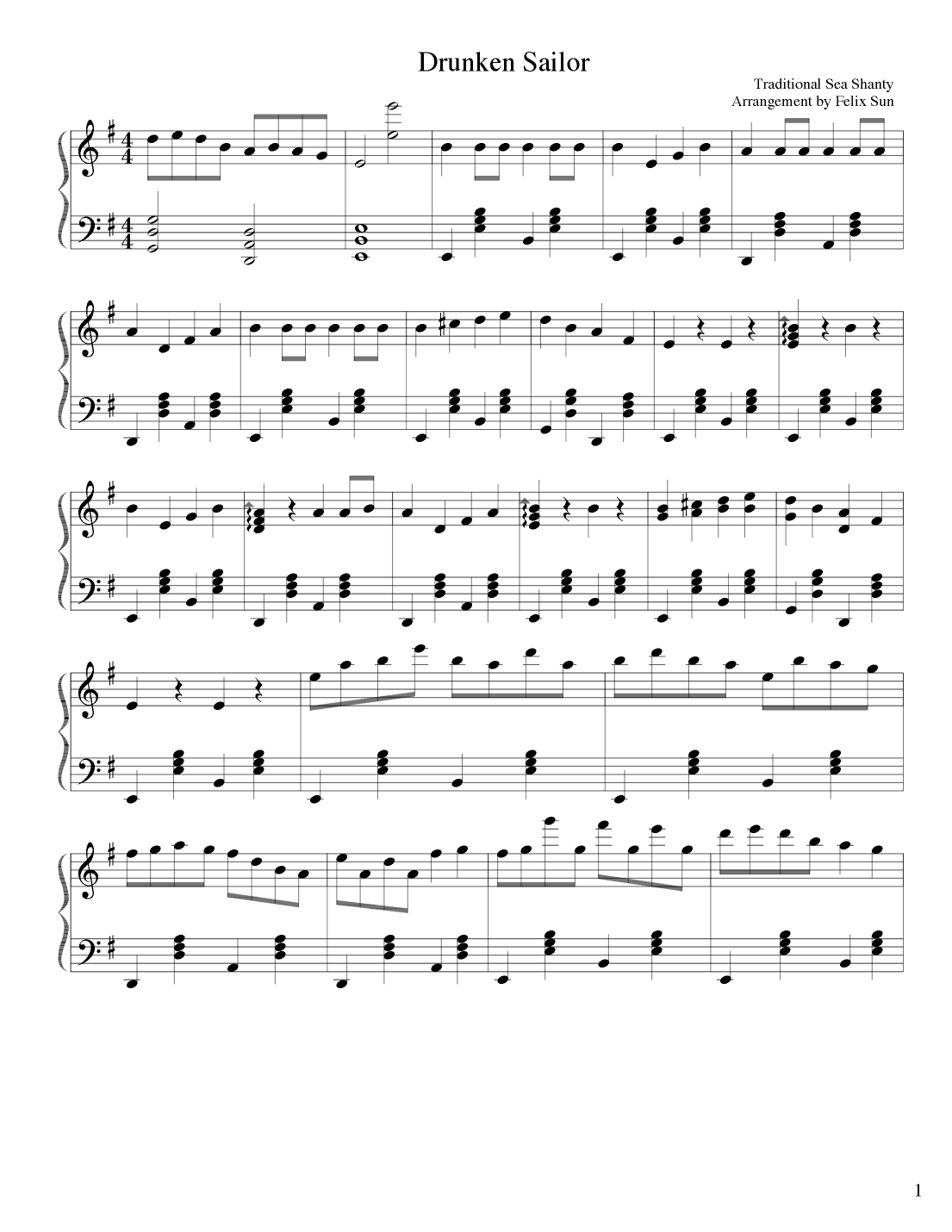 drunken sailor piano sheet music
