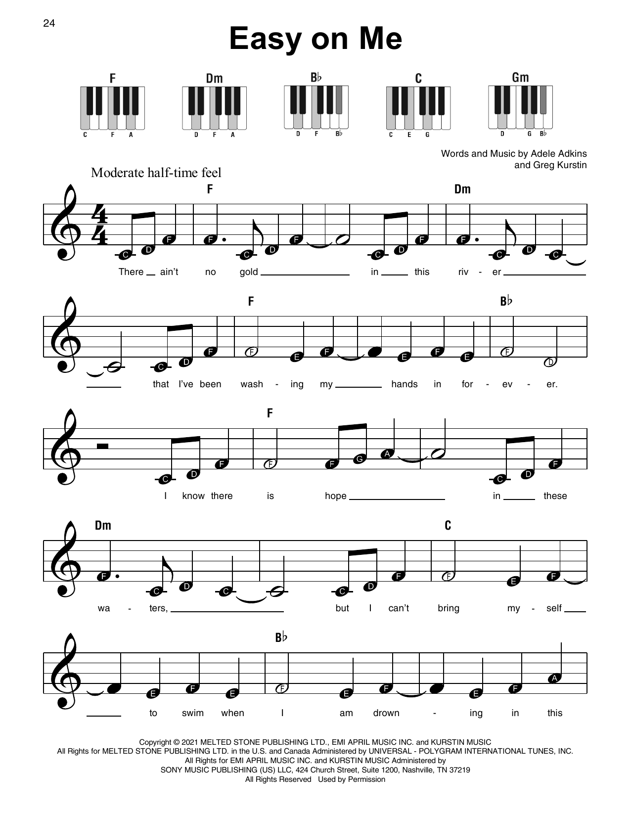 Easy On Me By Adele Sheet Music For Super Easy Piano At Sheet Music Direct