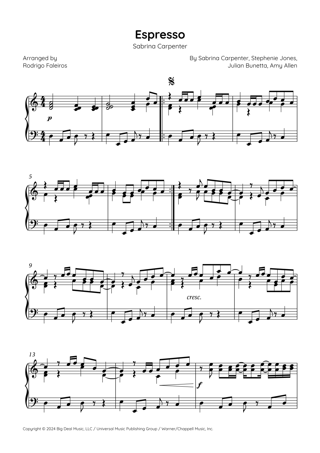 Espresso arr Rodrigo Faleiros By Sabrina Carpenter Sheet Music For Piano Solo At Sheet Music Direct
