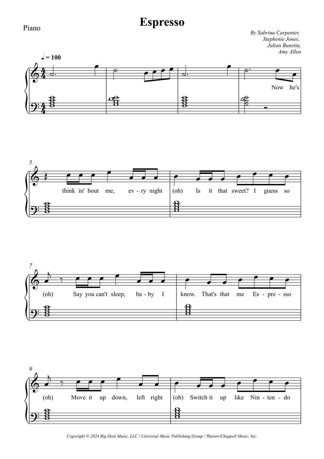 Espresso arr Wesley S SIlva By Sabrina Carpenter Sheet Music For Piano Vocal At Sheet Music Direct