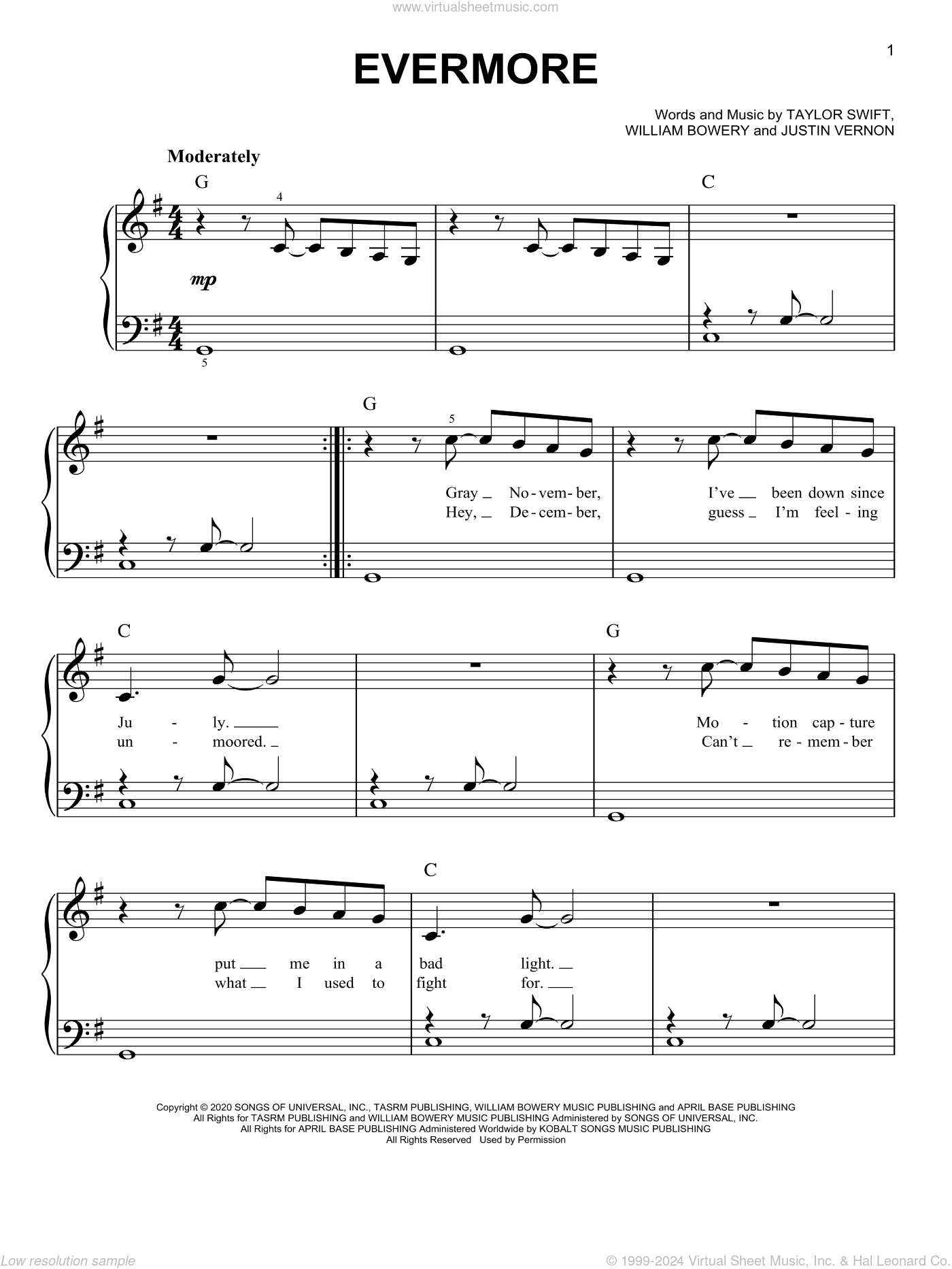 Evermore feat Bon Iver easy Sheet Music For Piano Solo