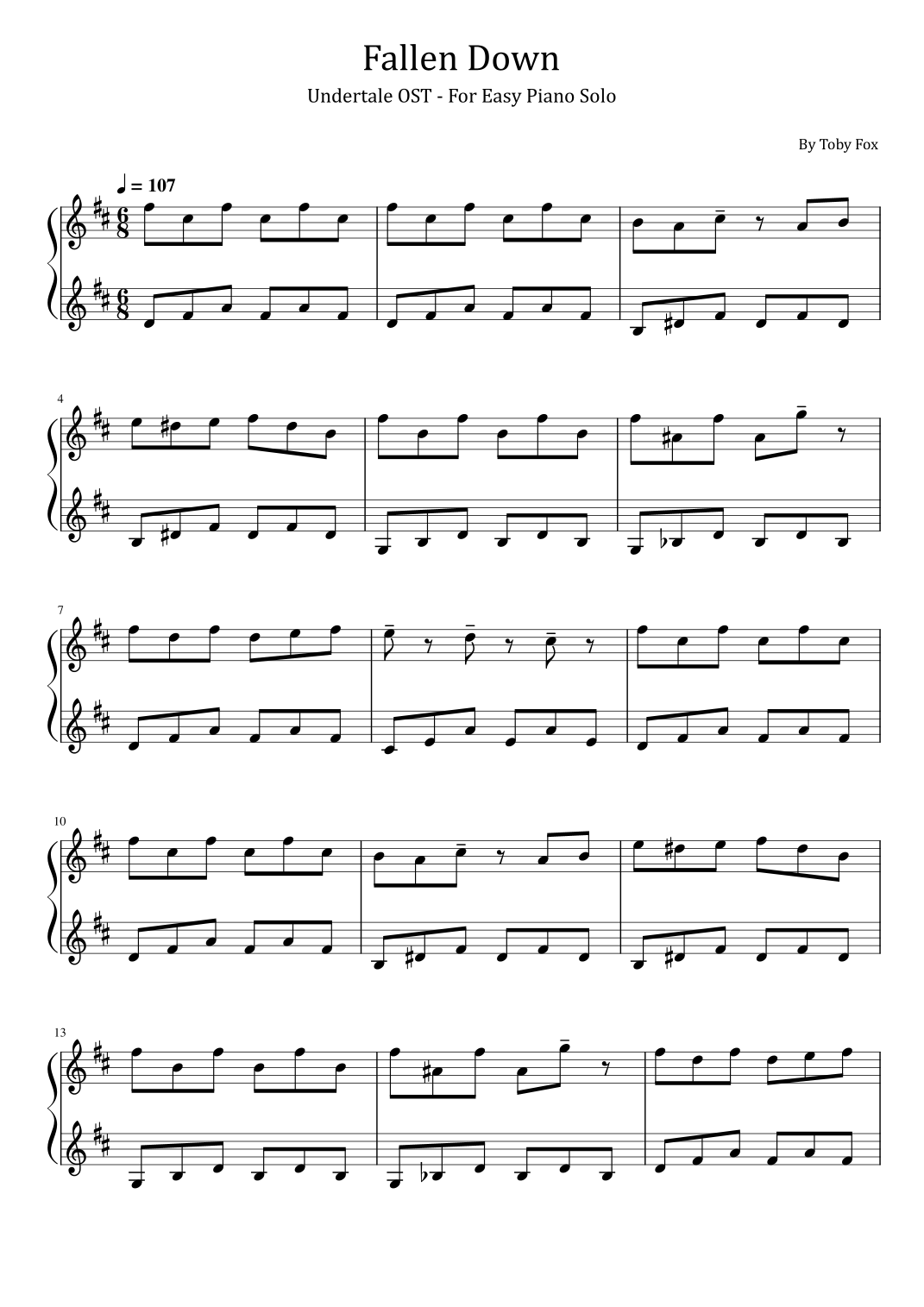 Fallen Down arr Poon By Toby Fox Sheet Music For Easy Piano At Sheet Music Direct