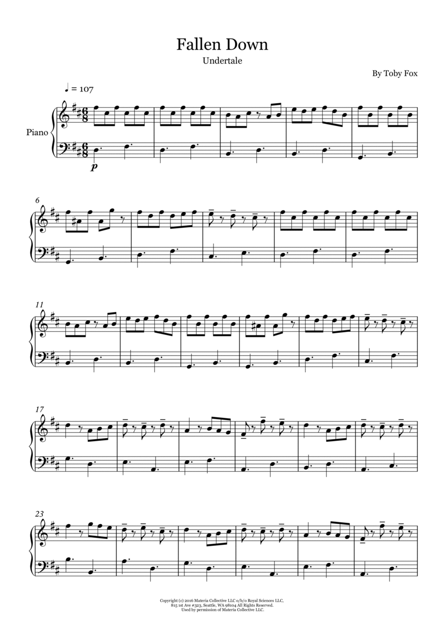 Fallen Down from Undertale By Toby Fox Easy Piano Digital Sheet Music Sheet Music Plus