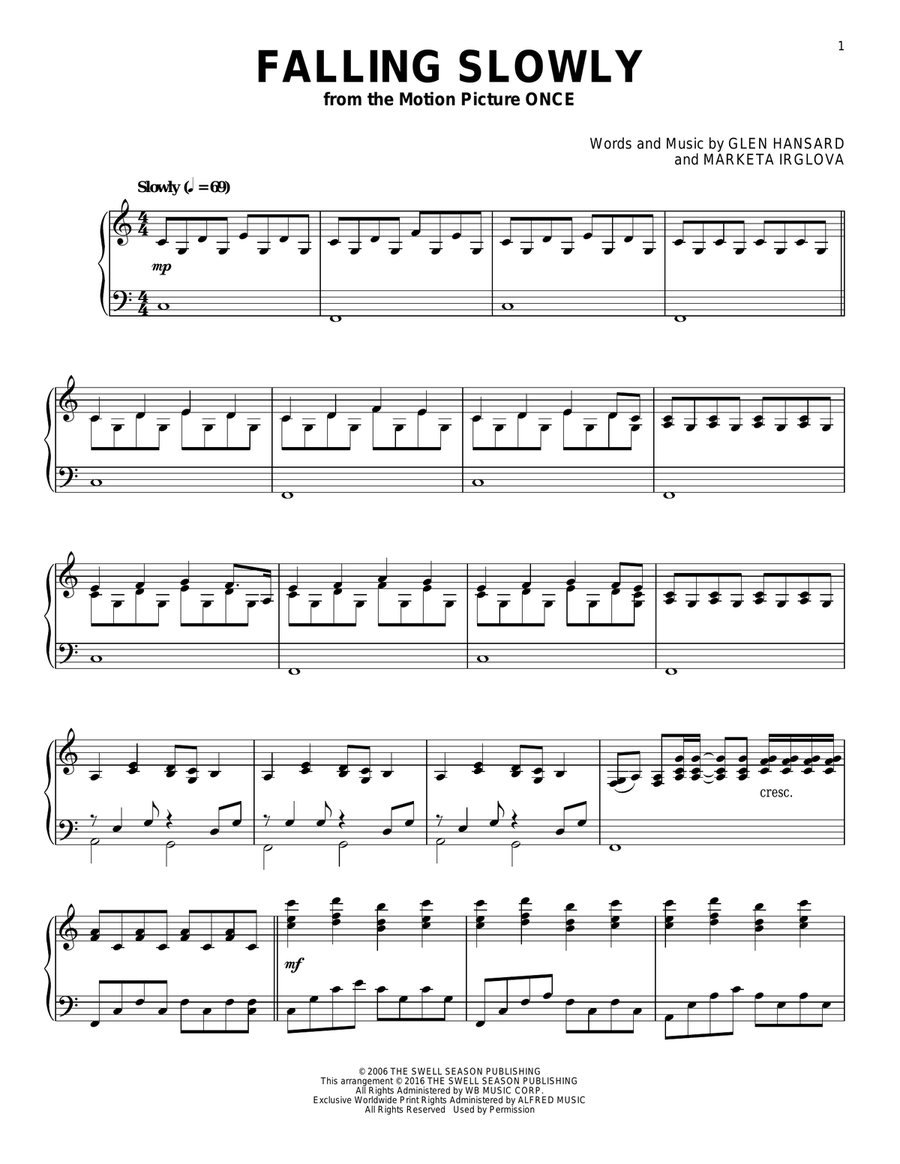 Falling Slowly from Once By Glen Hansard Piano Solo Digital Sheet Music Sheet Music Plus