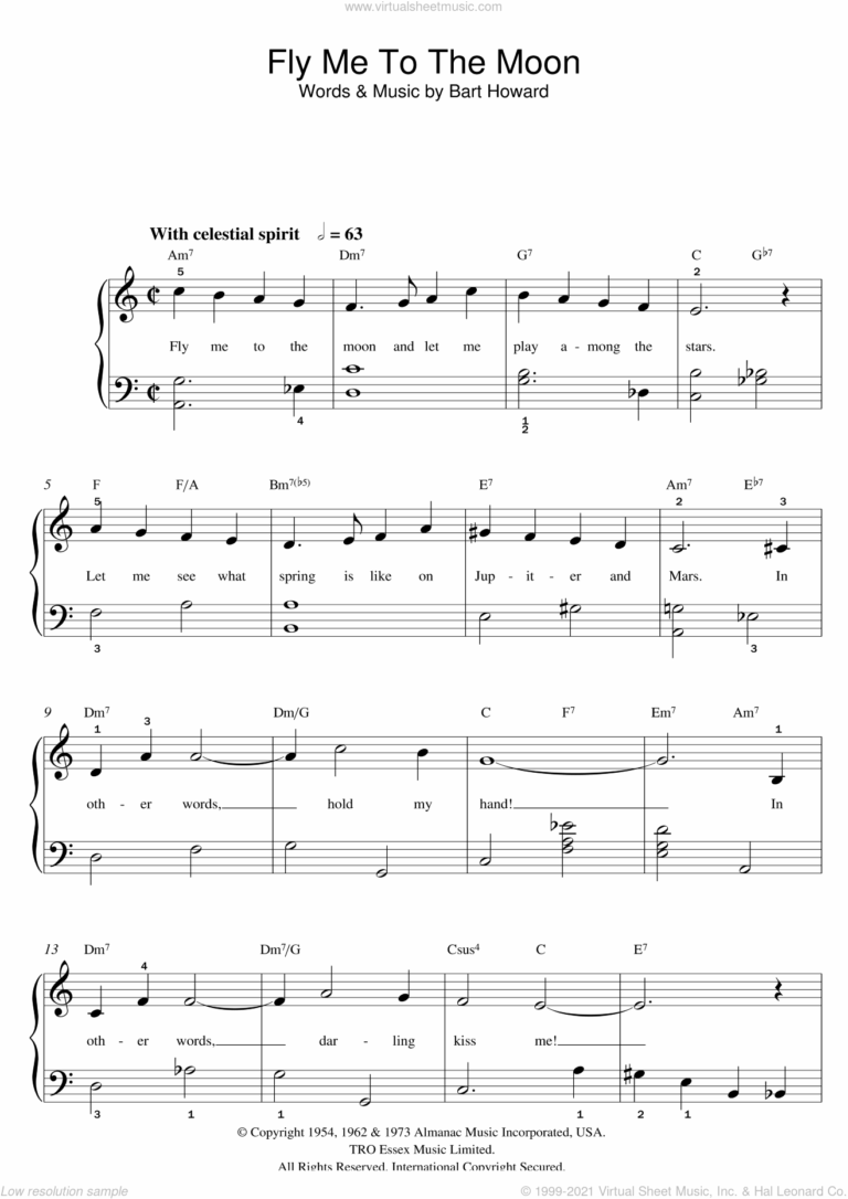 Fly Me To The Moon In Other Words Sheet Music beginner For Piano Solo beginners 