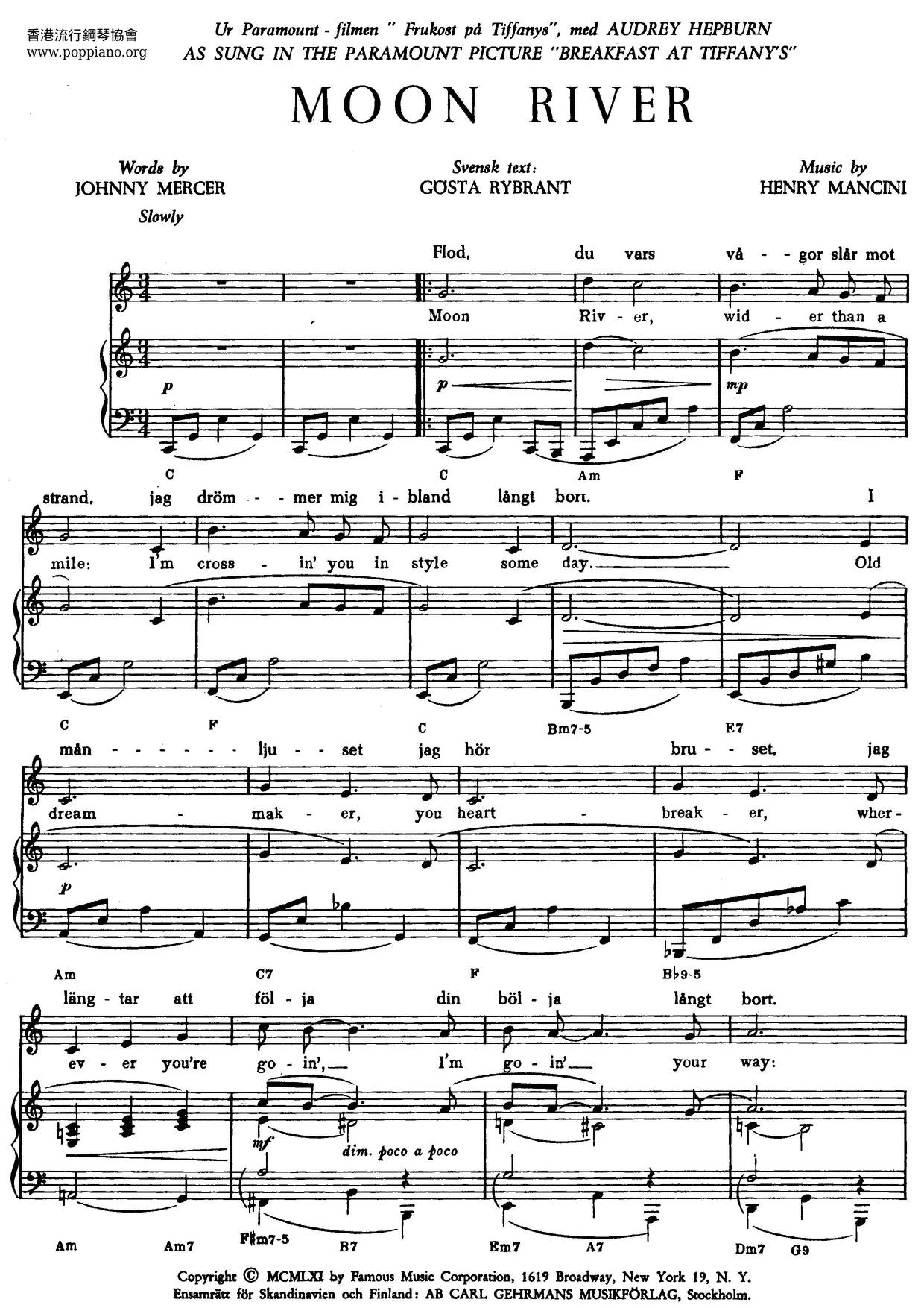  Frank Sinatra Andy Williams Moon River From Breakfast At Tiffany s Sheet Music Pdf Free Score Download 