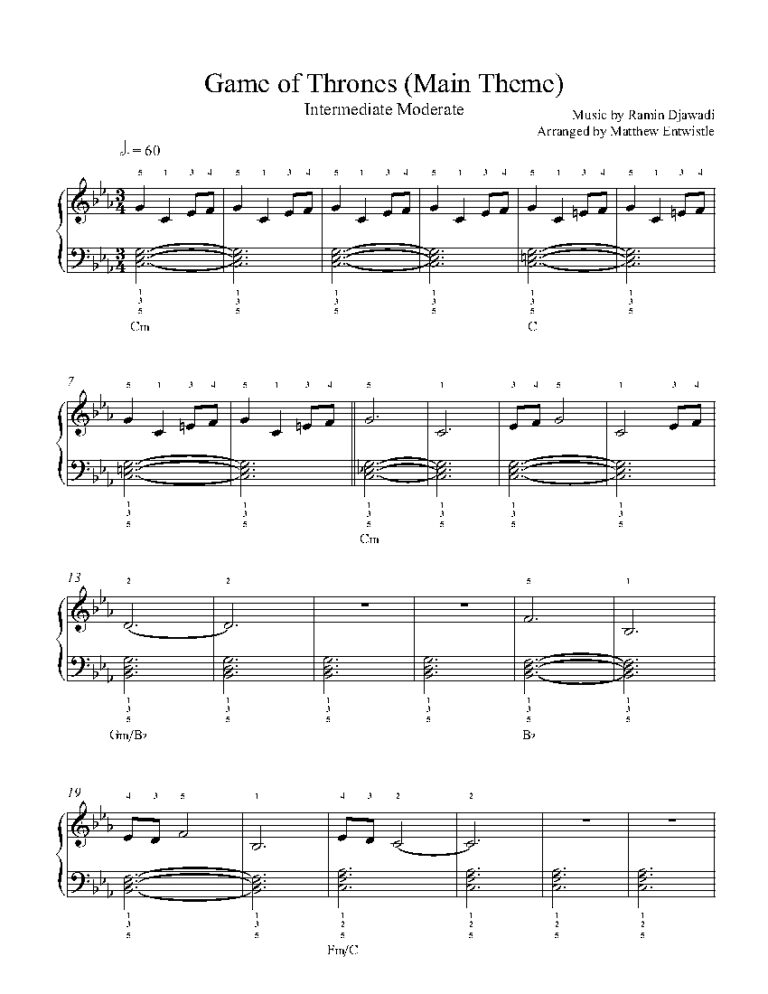 Game Of Thrones Main Theme By Ramin Djawadi Sheet Music Lesson Intermediate Level
