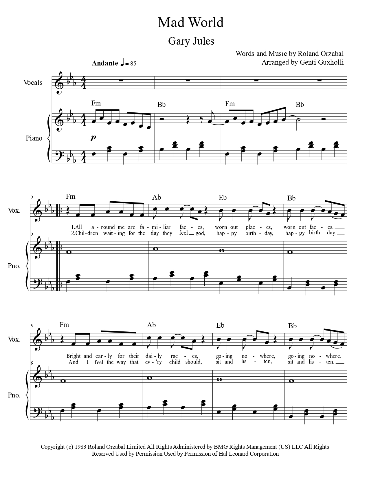 Gary Jules Mad World Piano Vocal Littlesheetmusic Gary Jules Mad World Piano Vocal Littlesheetmusic