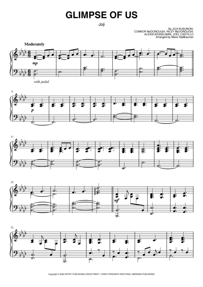 Glimpse Of Us Piano Solo Digital Sheet Music Sheet Music Plus