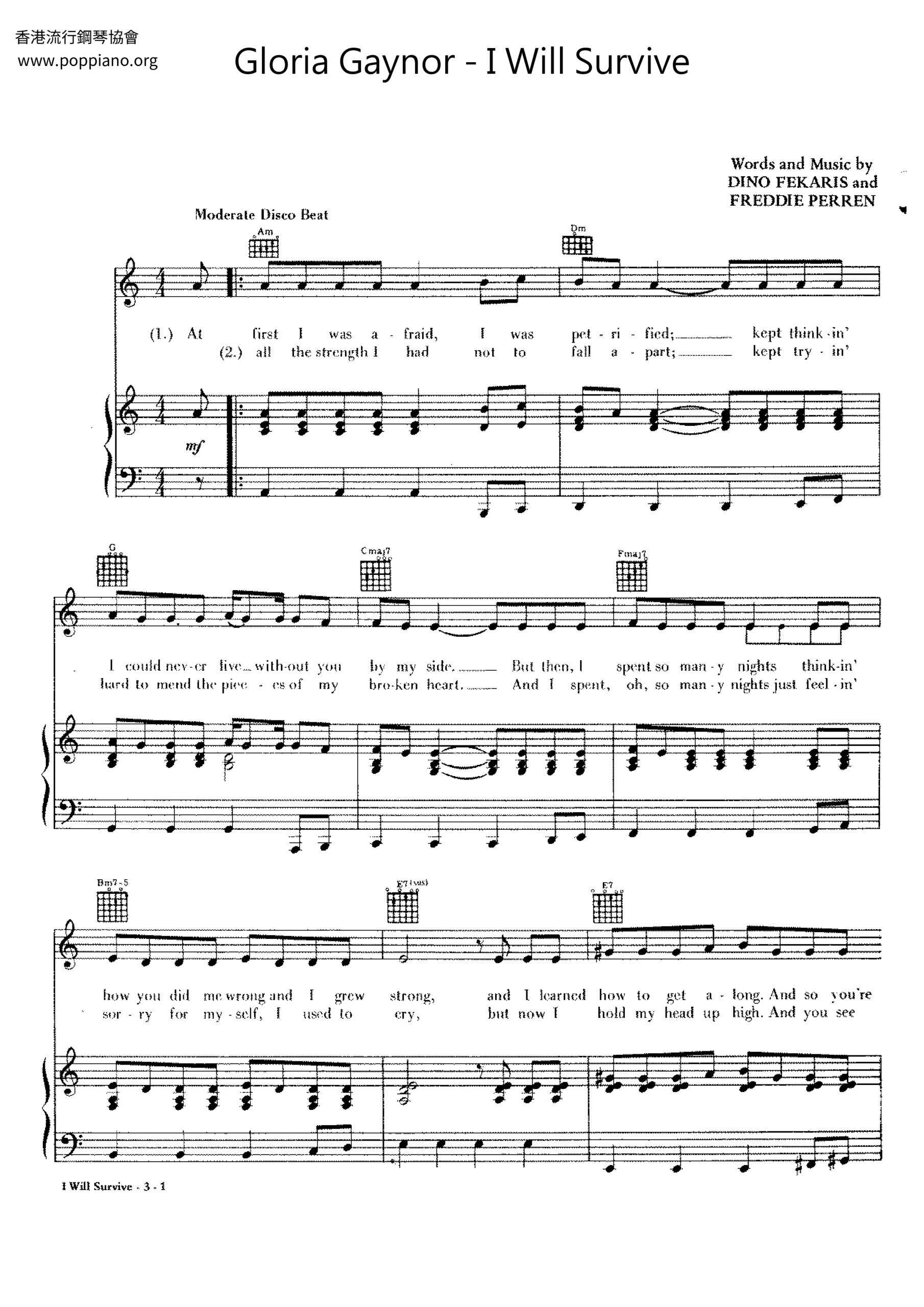  Gloria Gaynor I Will Survive Sheet Music Pdf Free Score Download 