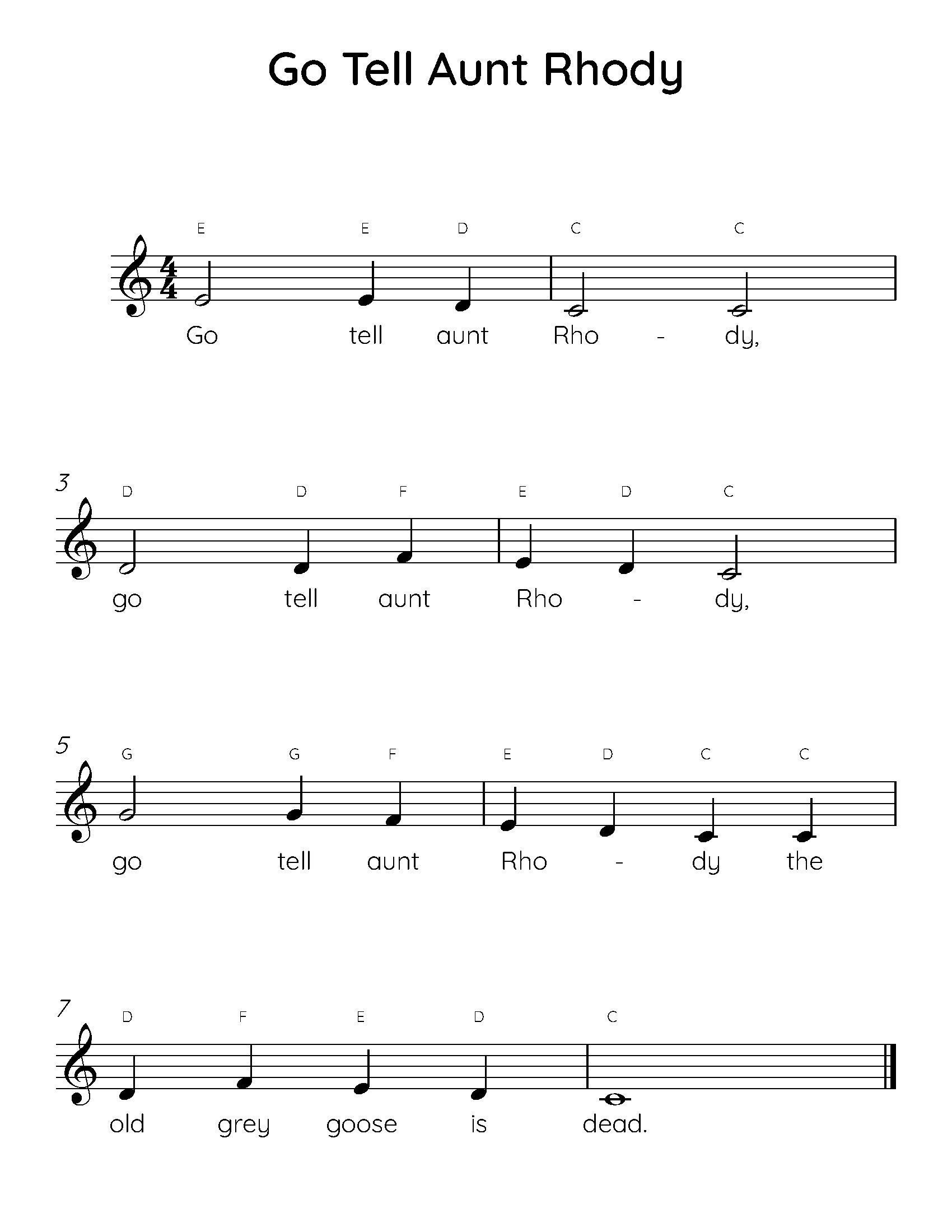 Go Tell Aunt Rhody Easy Piano Sheet Music Digital Downloadable Musical Sheets Kids Beginner Songs PDF Etsy