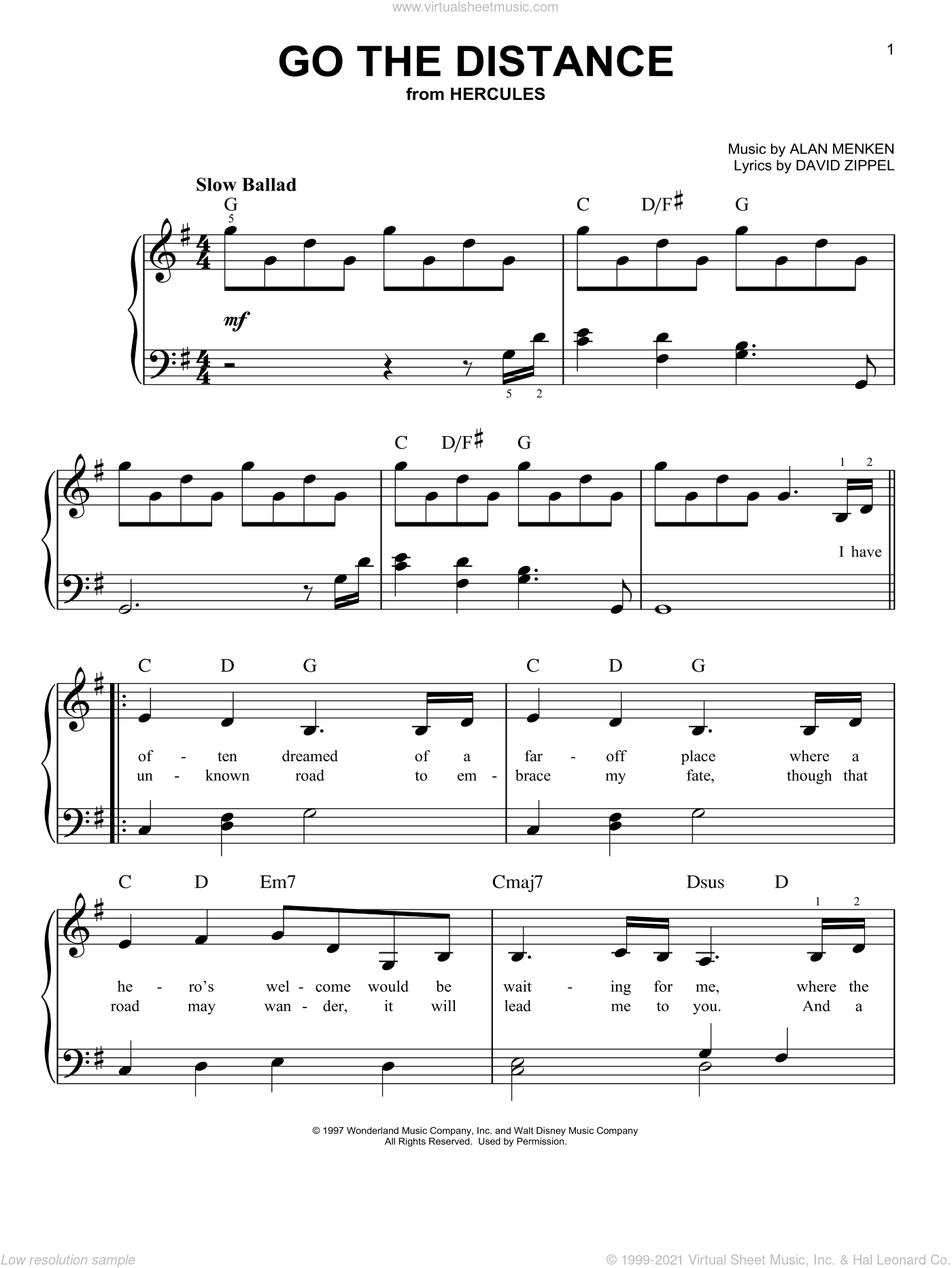 Go The Distance from Hercules easy Sheet Music For Piano Solo Go The Distance from Hercules easy Sheet Music For Piano Solo