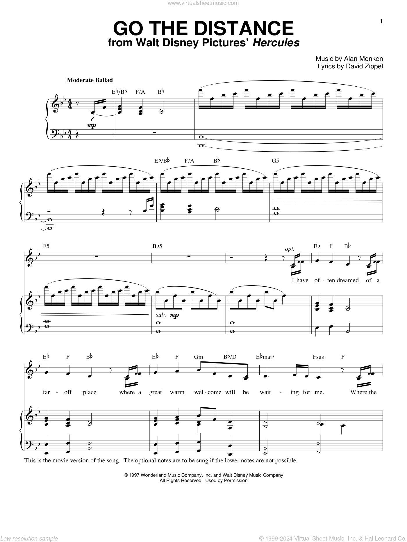 Go The Distance from Hercules Sheet Music For Voice And Piano