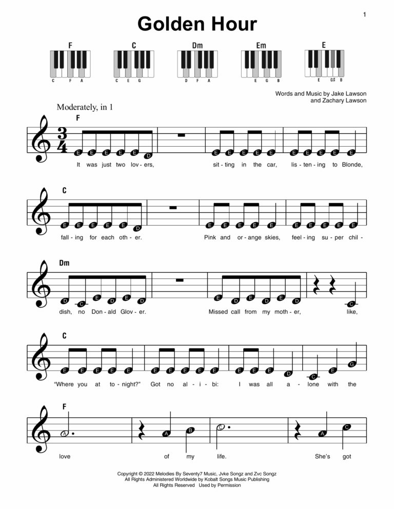 Golden Hour By Jvke Sheet Music For Super Easy Piano At Sheet Music Direct