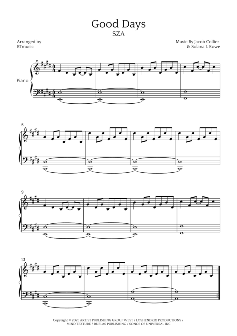 Good Days arr BTmusic By SZA Sheet Music For Piano Solo At Sheet Music Direct