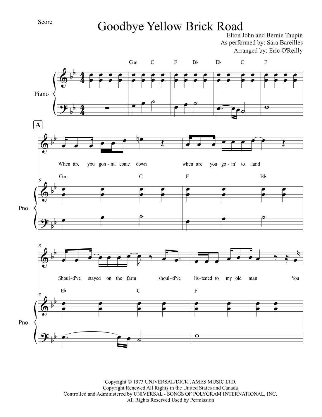 Goodbye Yellow Brick Road arr Eric O Reilly By Elton John Sheet Music For Piano Vocal At Sheet Music Direct