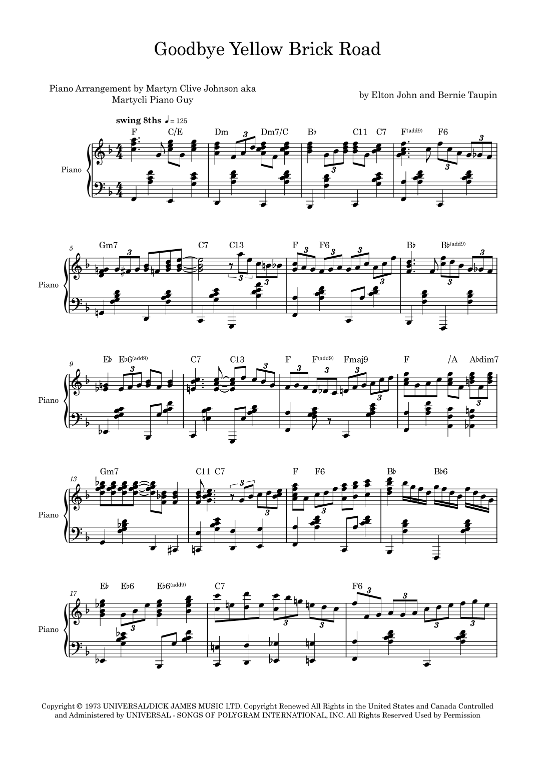 Goodbye Yellow Brick Road arr Martyn Clive Johnson aka Martycli Piano Guy By Elton John Sheet Music For Piano Solo At Sheet Music Direct