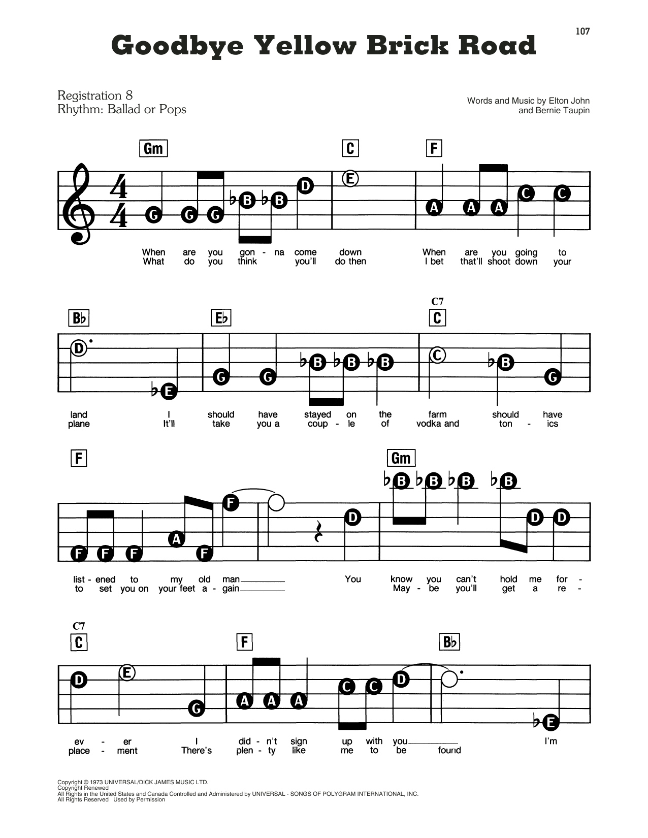Goodbye Yellow Brick Road By Elton John Sheet Music For E Z Play Today At Sheet Music Direct