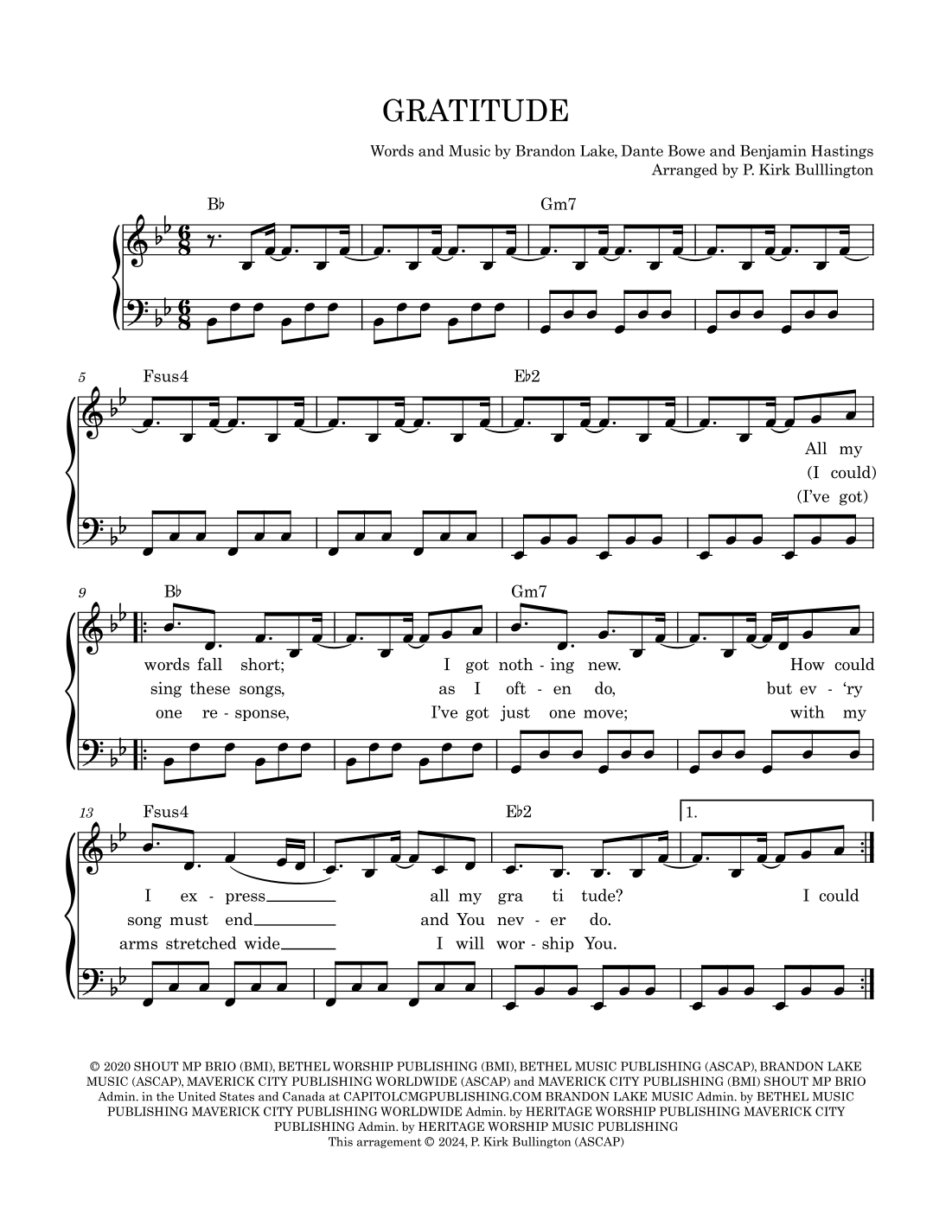 Gratitude arr P Kirk Bullington By Brandon Lake Sheet Music For Piano Vocal Guitar Chords At Sheet Music Direct Gratitude arr P Kirk Bullington By Brandon Lake Sheet Music For Piano Vocal Guitar Chords At Sheet Music Direct