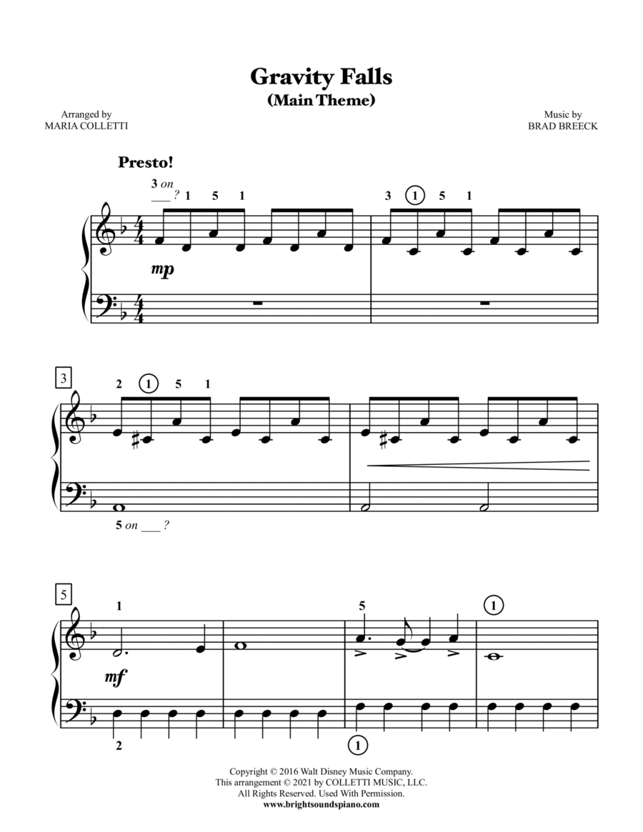 Gravity Falls main Theme arr Maria Colletti By Brad Breeck Sheet Music For Easy Piano At Sheet Music Direct