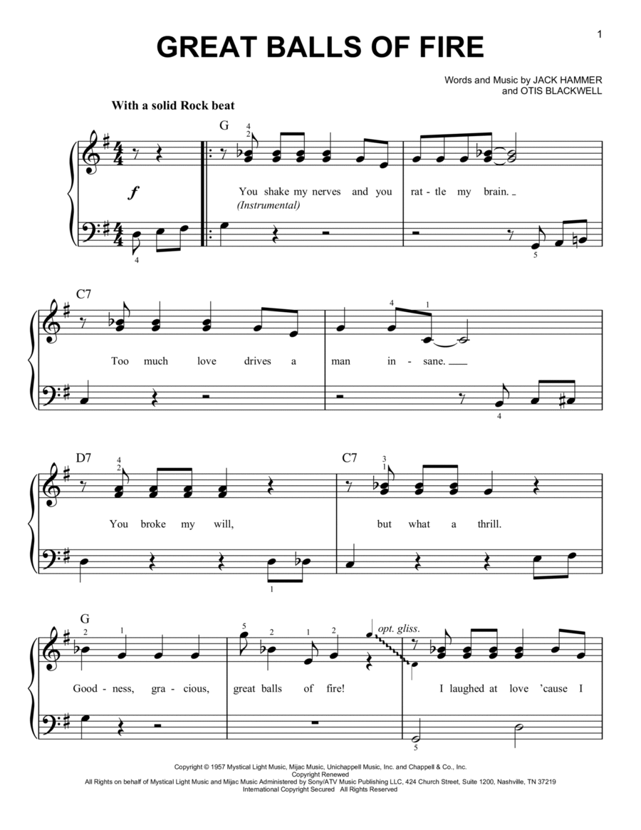 Great Balls Of Fire By Jerry Lee Lewis Easy Piano Digital Sheet Music Sheet Music Plus