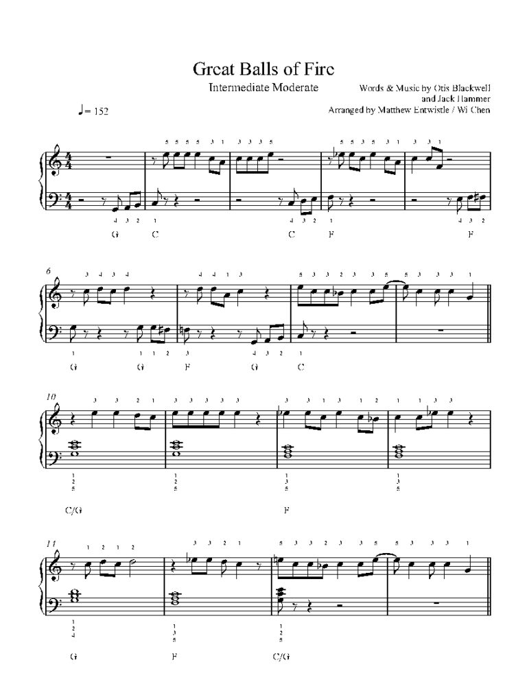 Great Balls Of Fire By Jerry Lee Lewis Sheet Music Lesson Intermediate Level