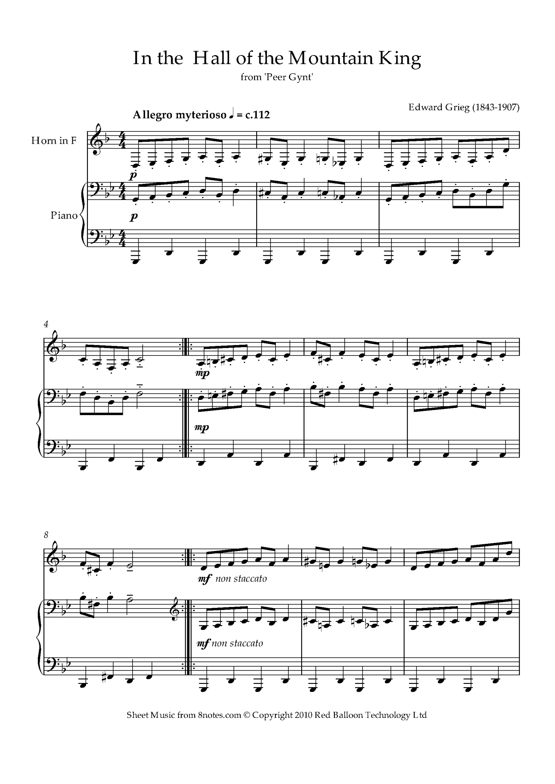 Grieg Edvard In The Hall Of The Mountain King For French Horn Free Sheet Music For French Horn 8notes