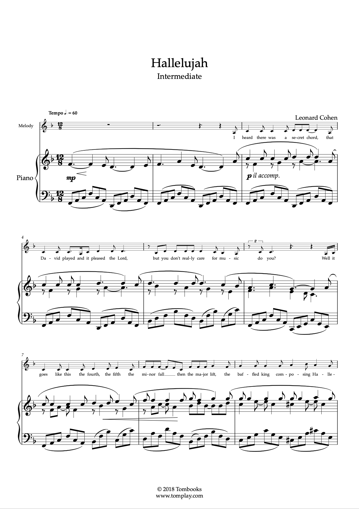 Hallelujah Intermediate Level Solo Piano Leonard Cohen Piano Sheet Music Hallelujah Intermediate Level Solo Piano Leonard Cohen Piano Sheet Music