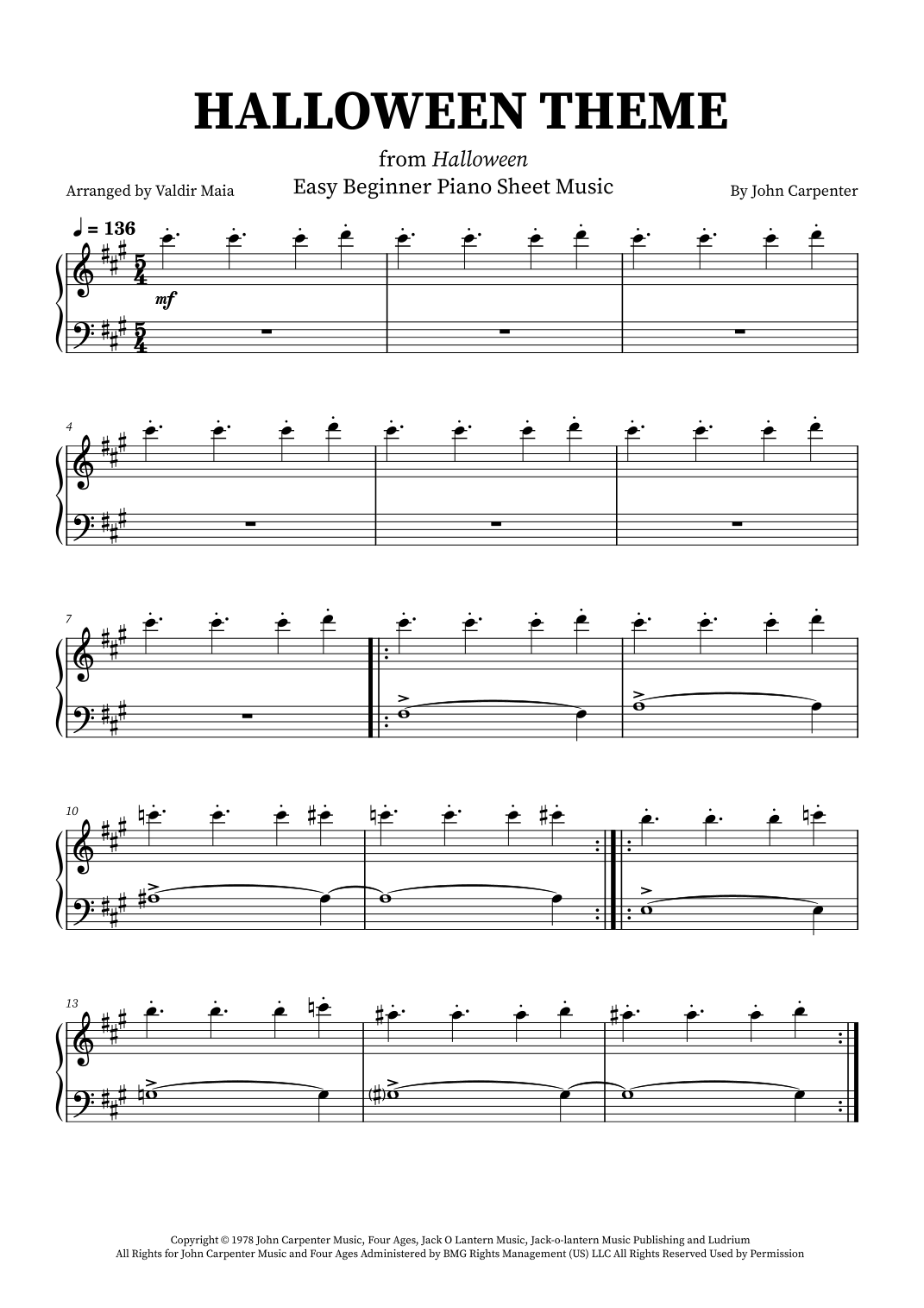 Halloween Theme arr Valdir Maia By John Carpenter Sheet Music For Easy Piano At Sheet Music Direct