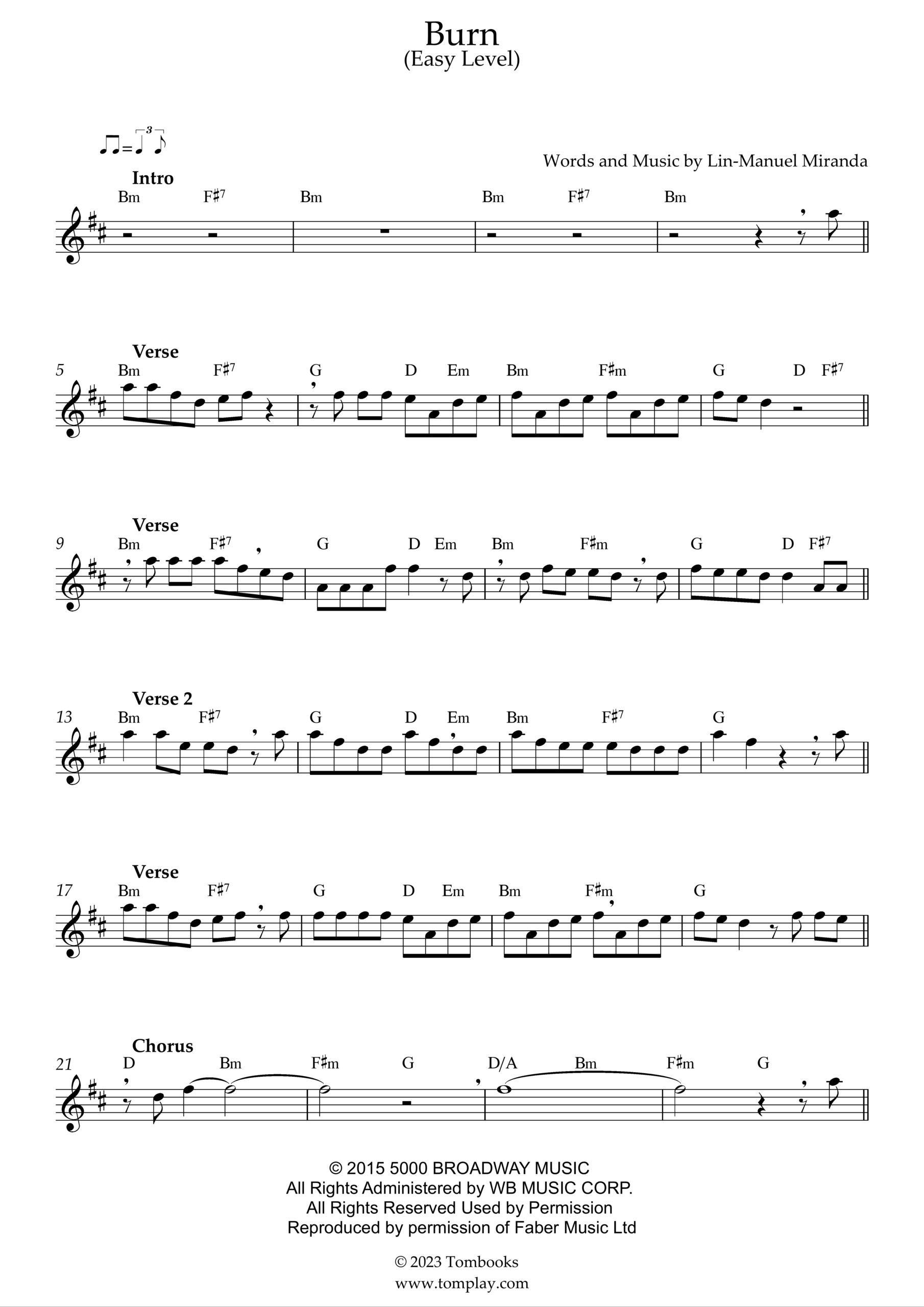 Hamilton Burn Easy Level Miranda Lin Manuel Flute Sheet Music