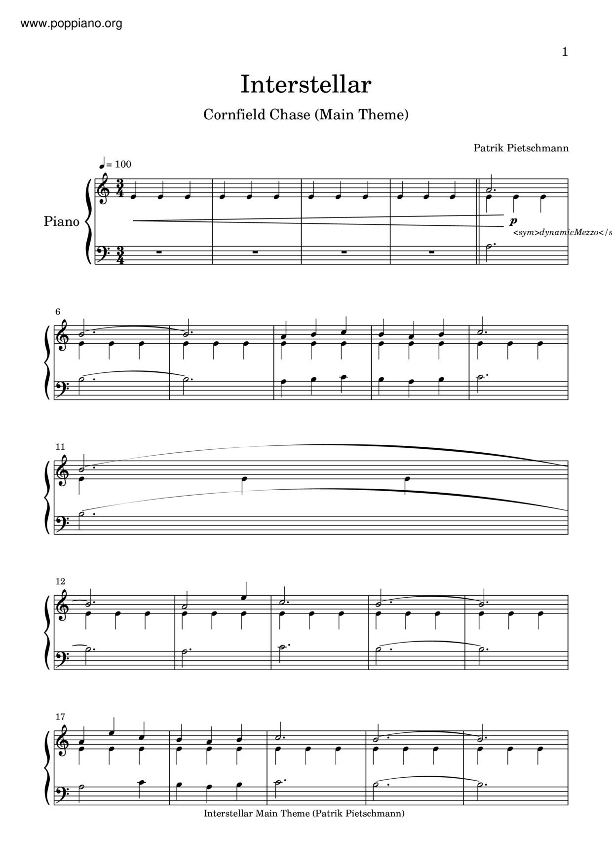 interstellar cornfield chase piano sheet music