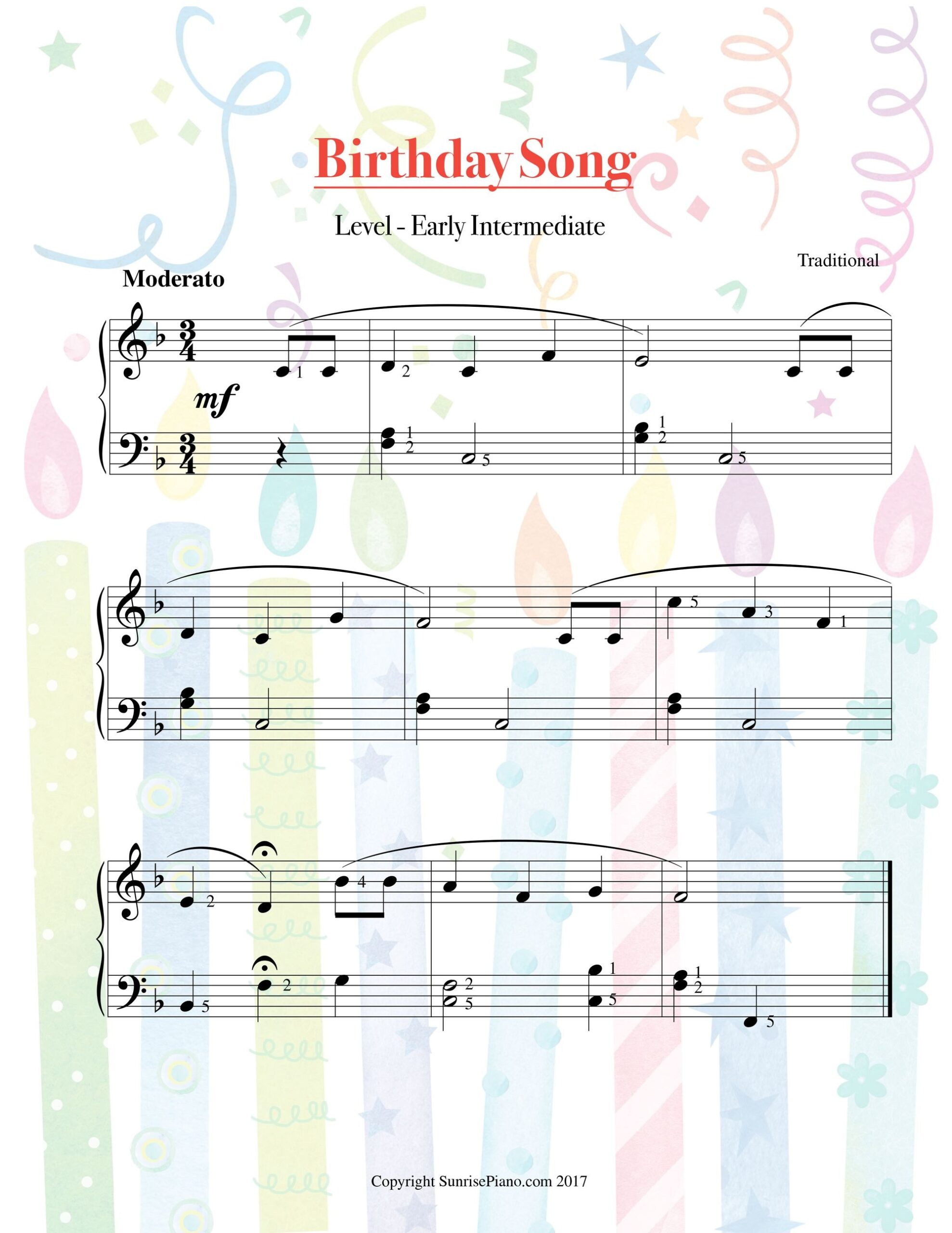 Happy Birthday Song Early Intermediate Piano Sheet Music