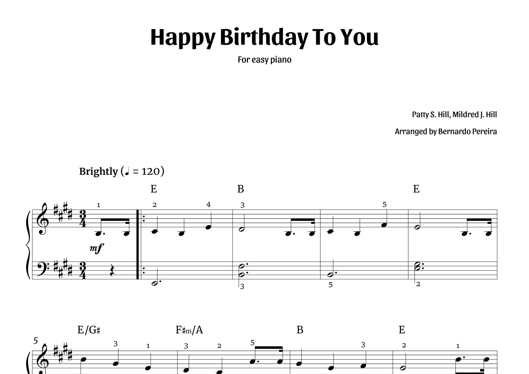 Happy Birthday To You easy Piano E Major arr Bernardo Pereira By Patty S Hill Sheet Music For Easy Piano At Sheet Music Direct Happy Birthday To You easy Piano E Major arr Bernardo Pereira By Patty S Hill Sheet Music For Easy Piano At Sheet Music Direct