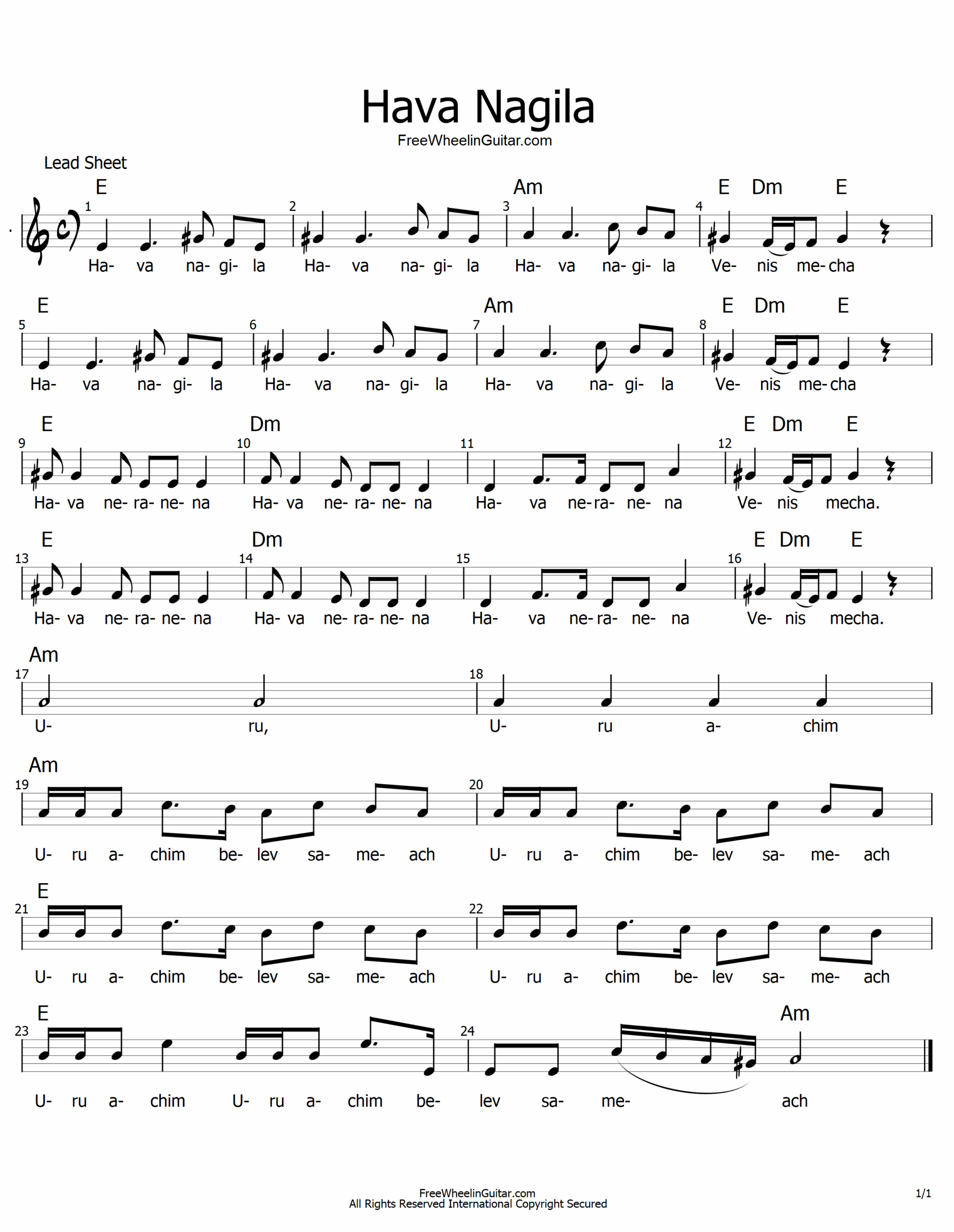 Hava Nagila Sheet Music FreewheelinGuitar