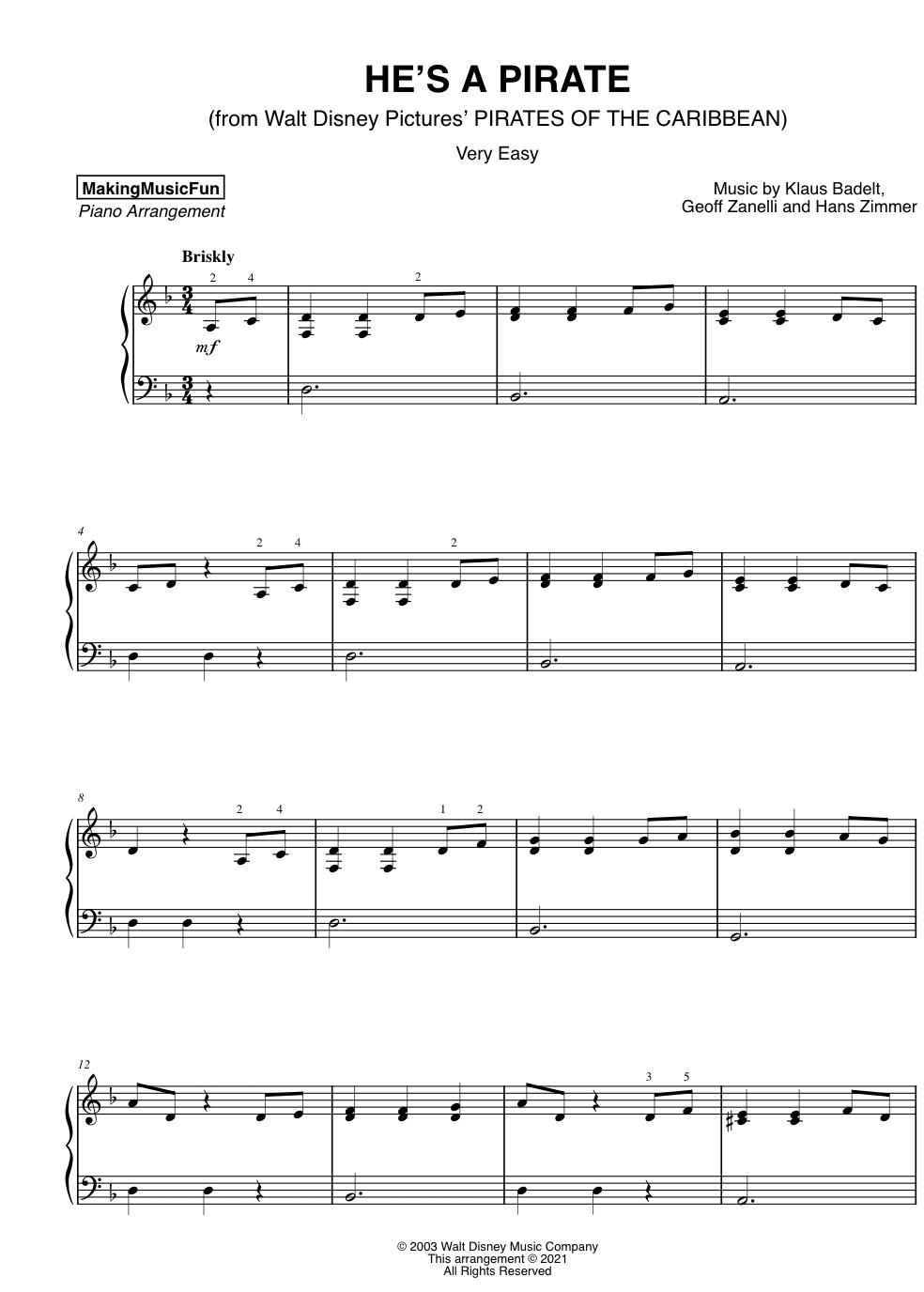 He s A Pirate 2 Easy Piano Sheet Music Arrangements The Piano Student