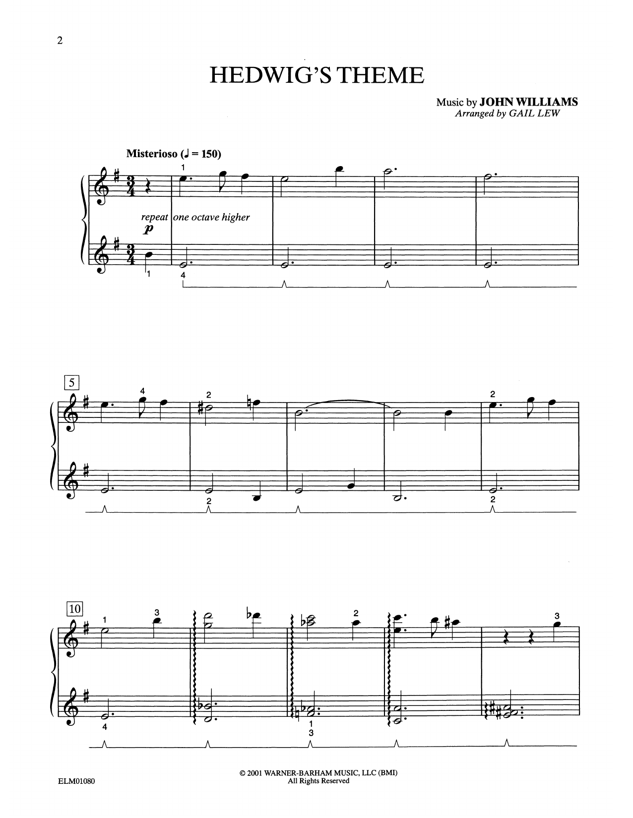 Hedwig s Theme from Harry Potter arr Gail Lew By John Williams Sheet Music For Easy Piano At Sheet Music Direct