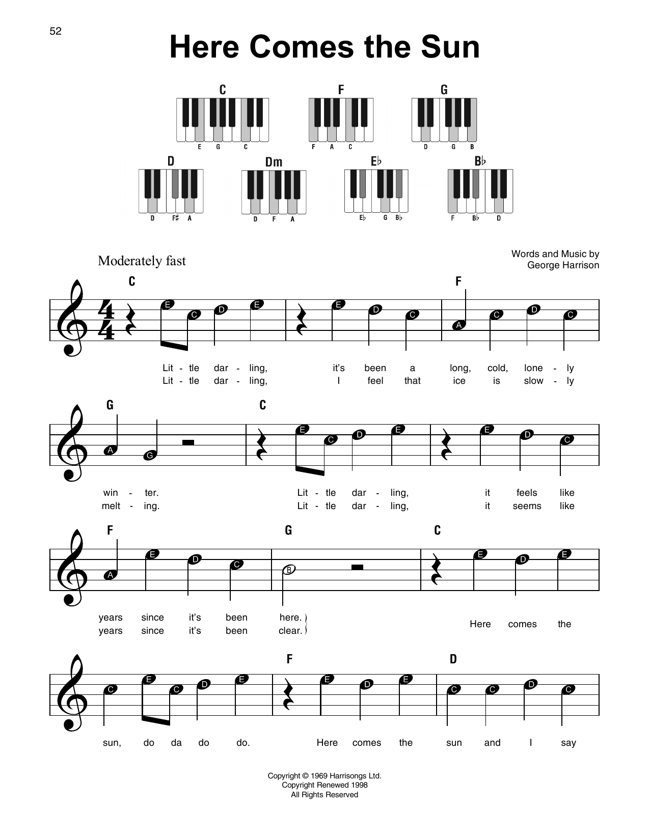 Here Comes The Sun By The Beatles Sheet Music For Super Easy Piano At Sheet Music Direct