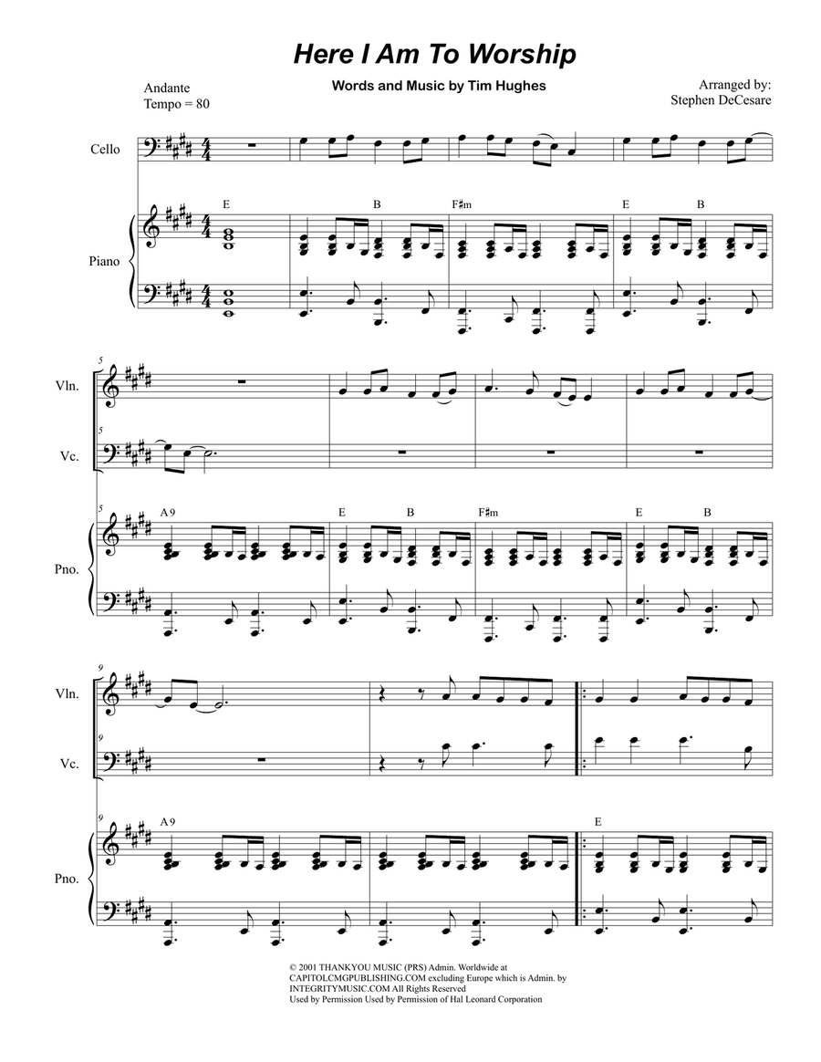 Here I Am To Worship By Tim Hughes Cello Piano Violin Digital Sheet Music Sheet Music Plus