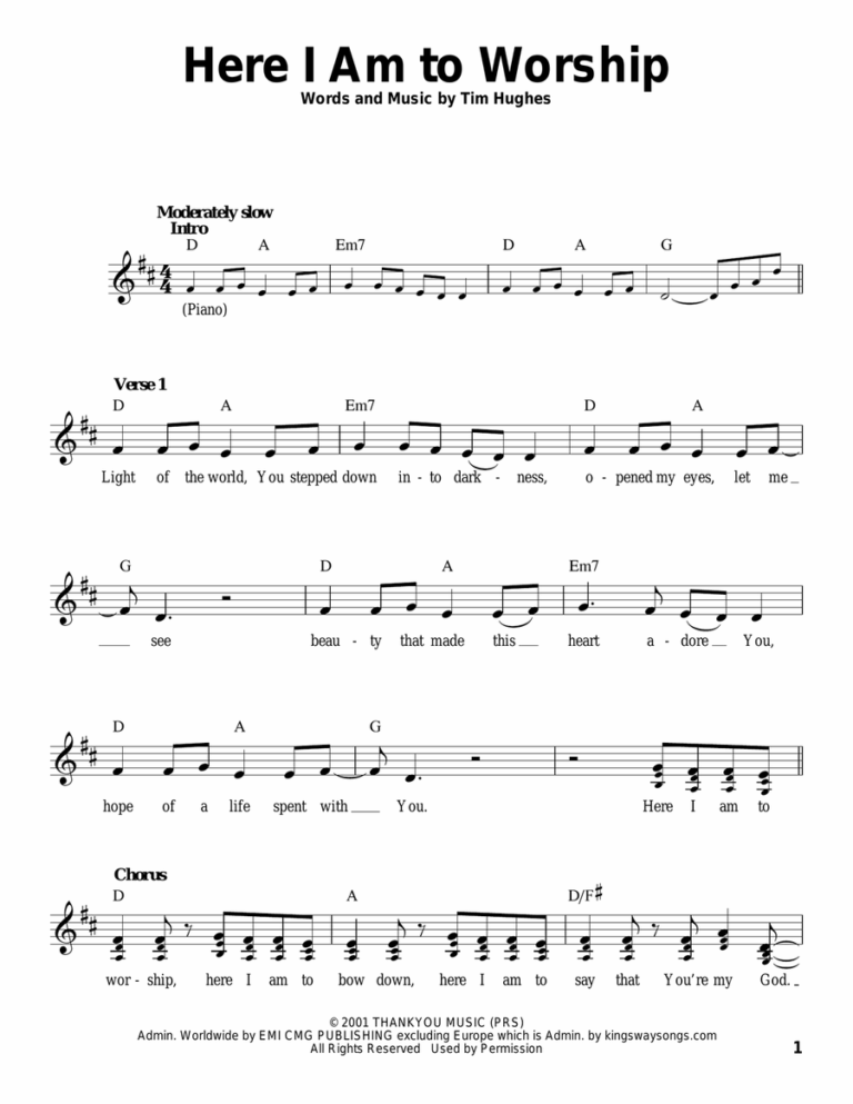 Here I Am To Worship Light Of The World By Tim Hughes Voice Digital Sheet Music Sheet Music Plus