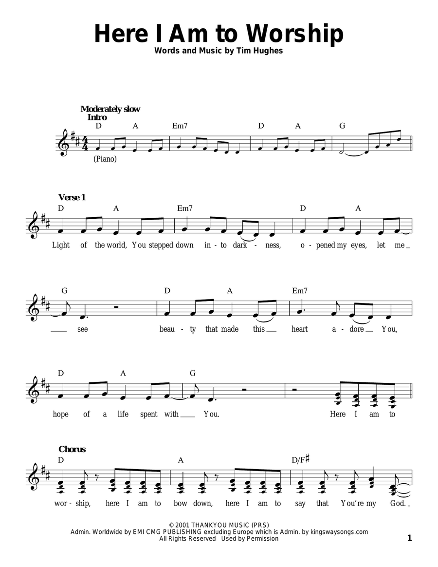 Here I Am To Worship Light Of The World By Tim Hughes Voice Digital Sheet Music Sheet Music Plus