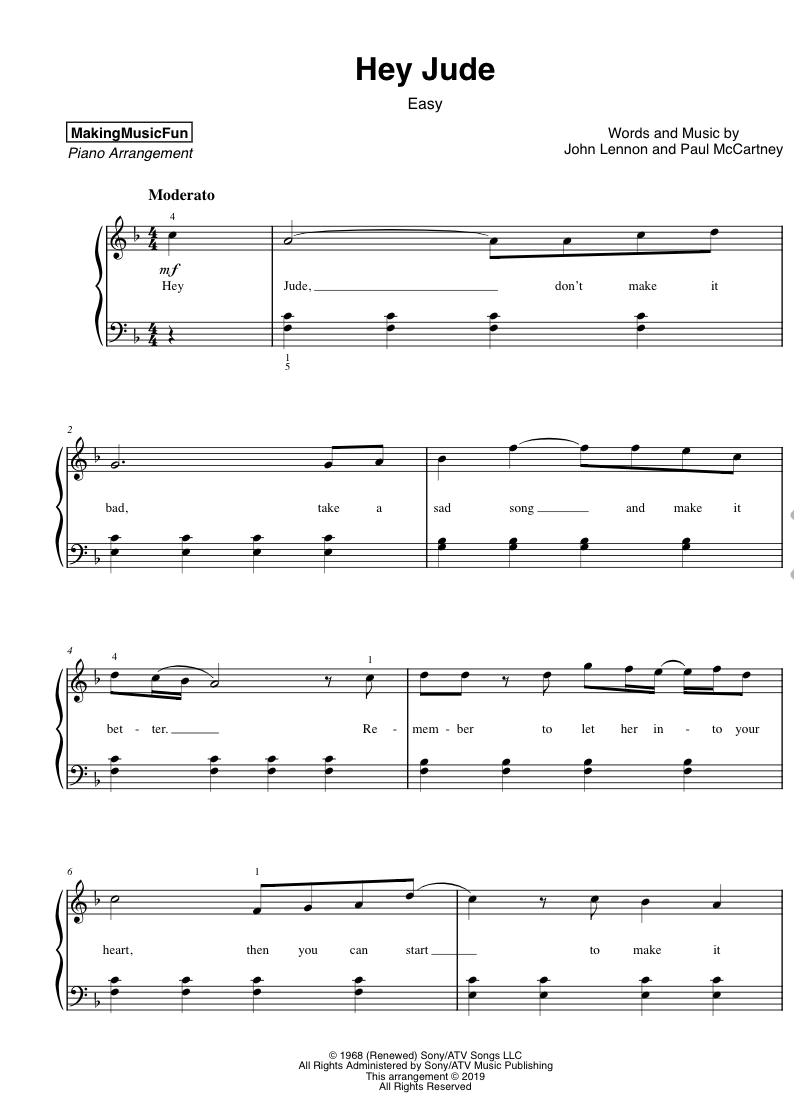 Hey Jude Beatles Premium Easy Piano Sheet Music The Piano Student