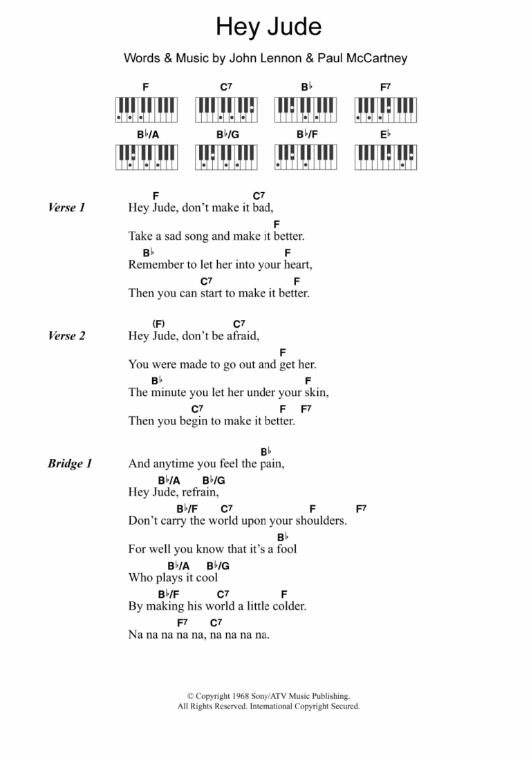 Hey Jude By The Beatles Sheet Music For Piano Chords Lyrics At Sheet Music Direct
