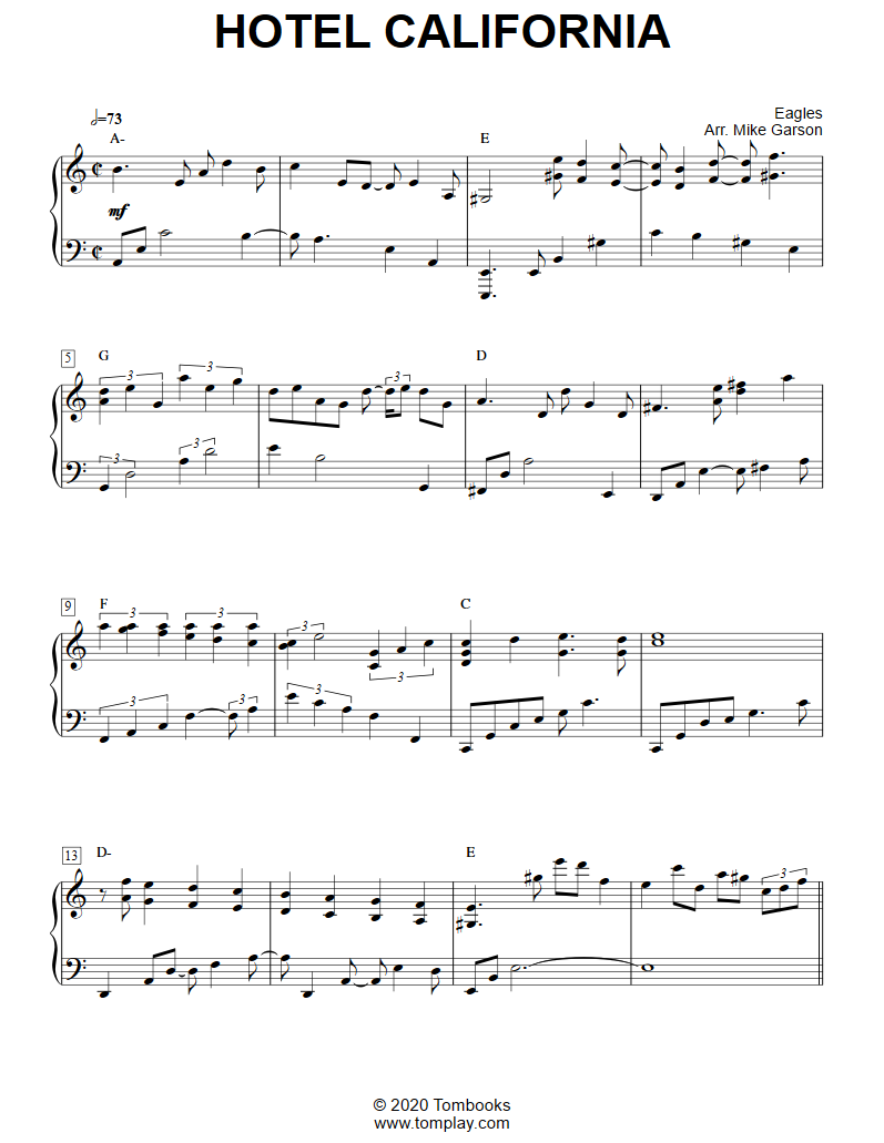Hotel California Upper Advanced Level Solo Piano Eagles Piano Sheet Music Hotel California Upper Advanced Level Solo Piano Eagles Piano Sheet Music