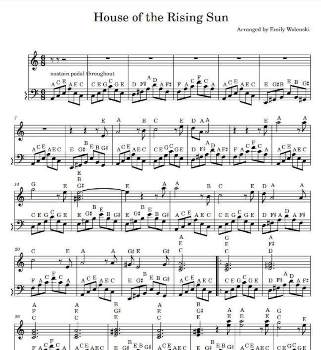 House Of The Rising Sun Note Names Piano Sheet Music Etsy